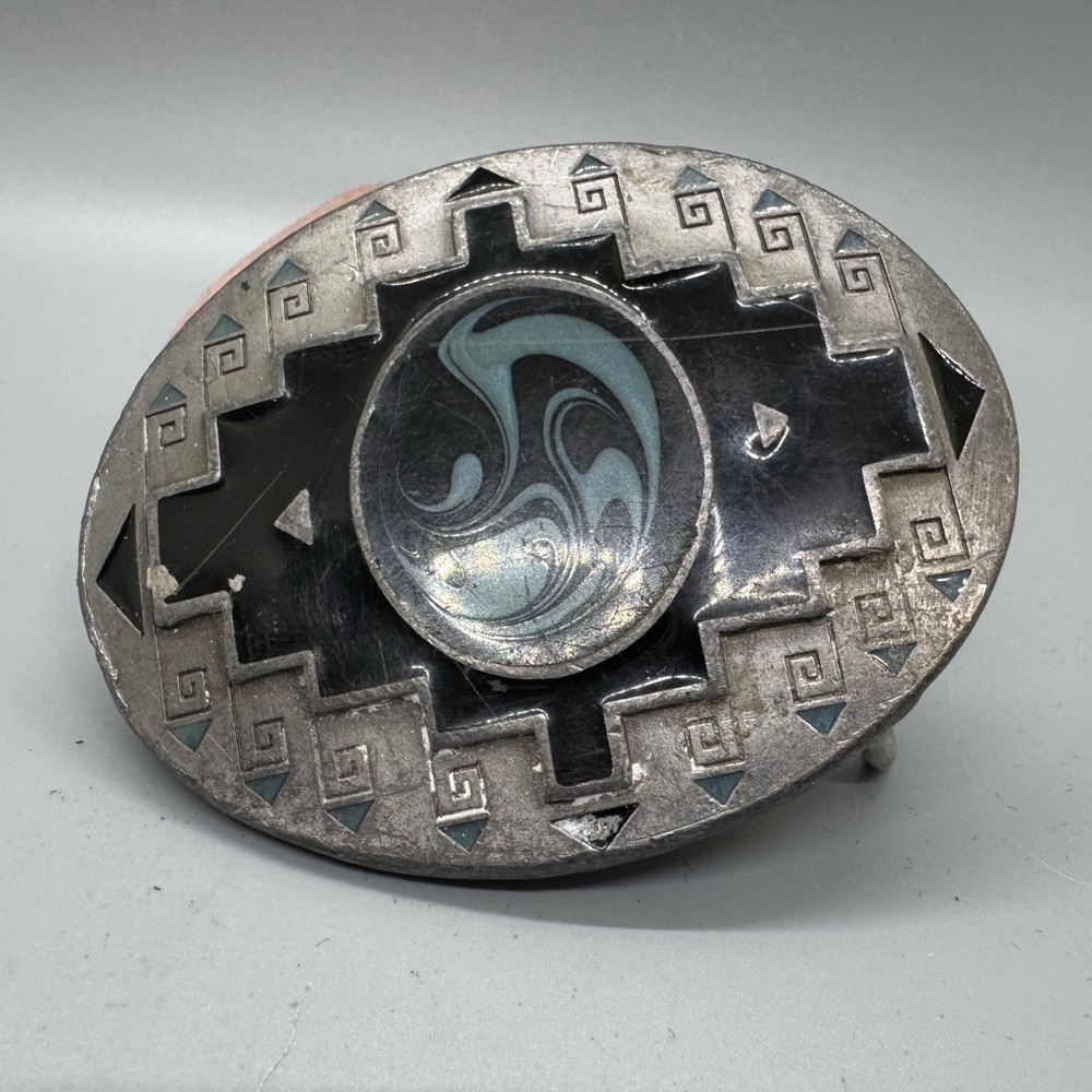 Vintage 1995 "C&J Inc." Costume Silver Tone Enameled Native American Belt Buckle